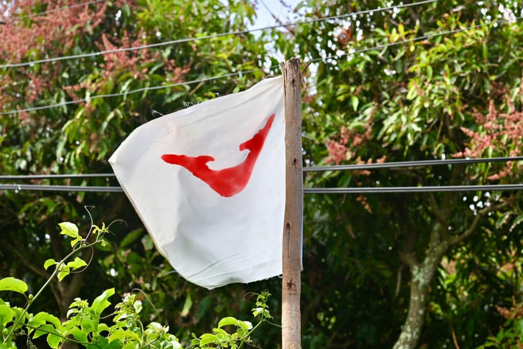 White flag with a red symbol in the middle. Green foliage behind