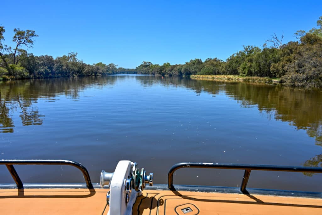 Looking down a wide flat river with green trees on the banks on either side. Blue sky above. The back of a boat is visible at the bottom of the frame. It feels very peaceful.
