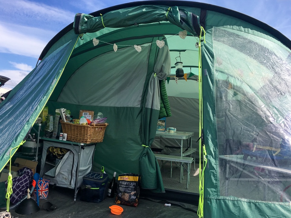 Green tent on camping holiday Mother Ivey's Bay, Cornwall