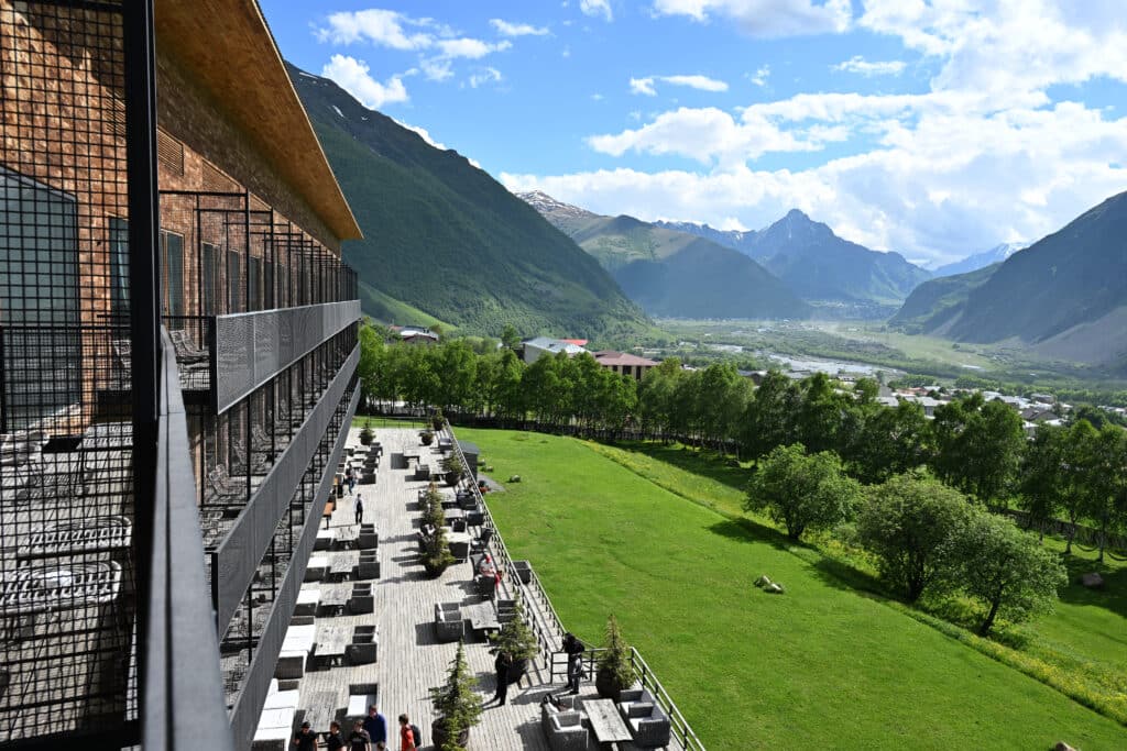 Balcony at Hotel Kazbegi, Georgia overlooking valley