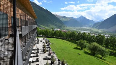 Balcony at Hotel Kazbegi, Georgia overlooking valley