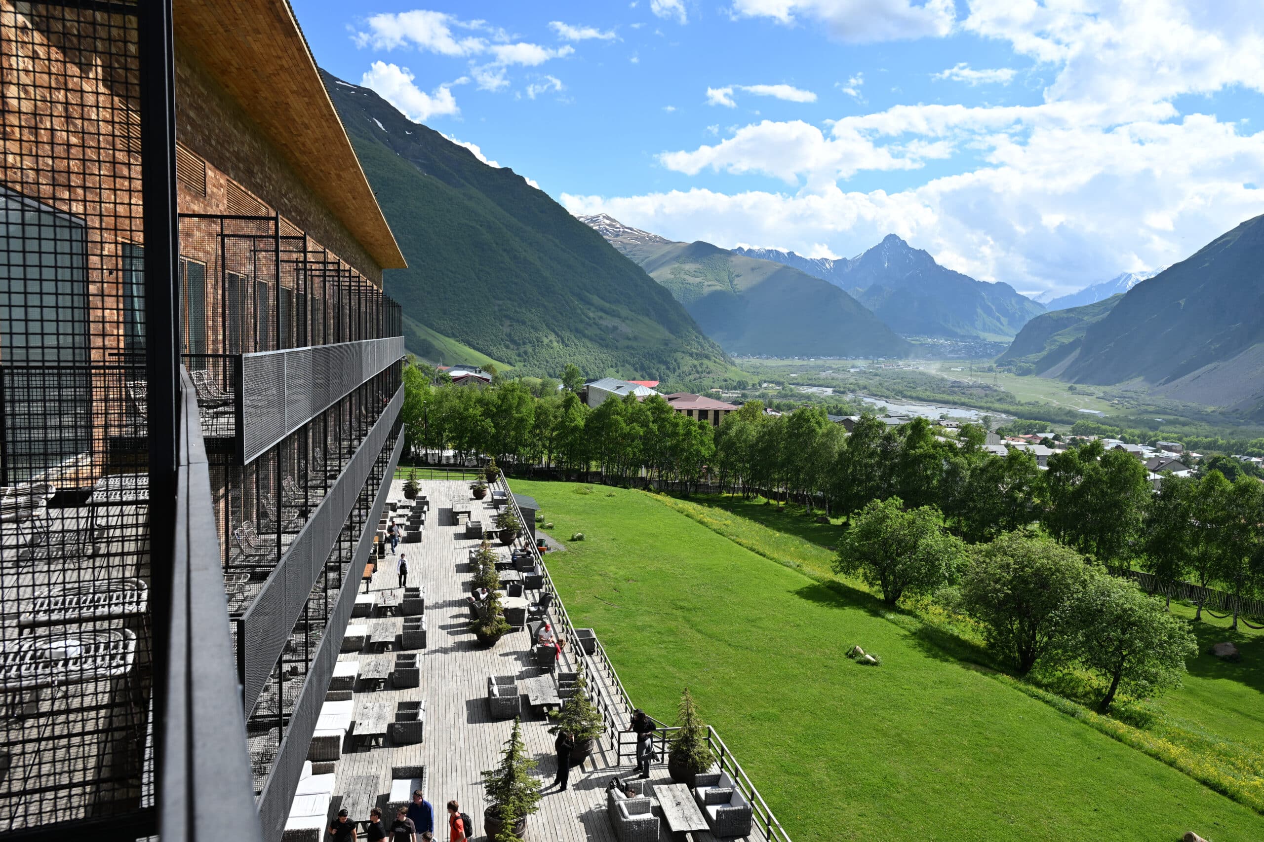 Balcony at Hotel Kazbegi, Georgia overlooking valley