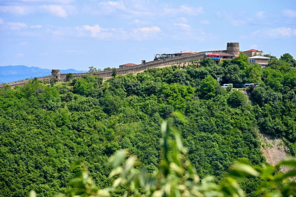 View over green hill to a long city wall fortification stretching across the photo.