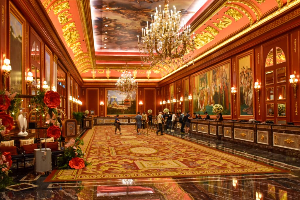 Inside a large hotel lobby. Parisienne style