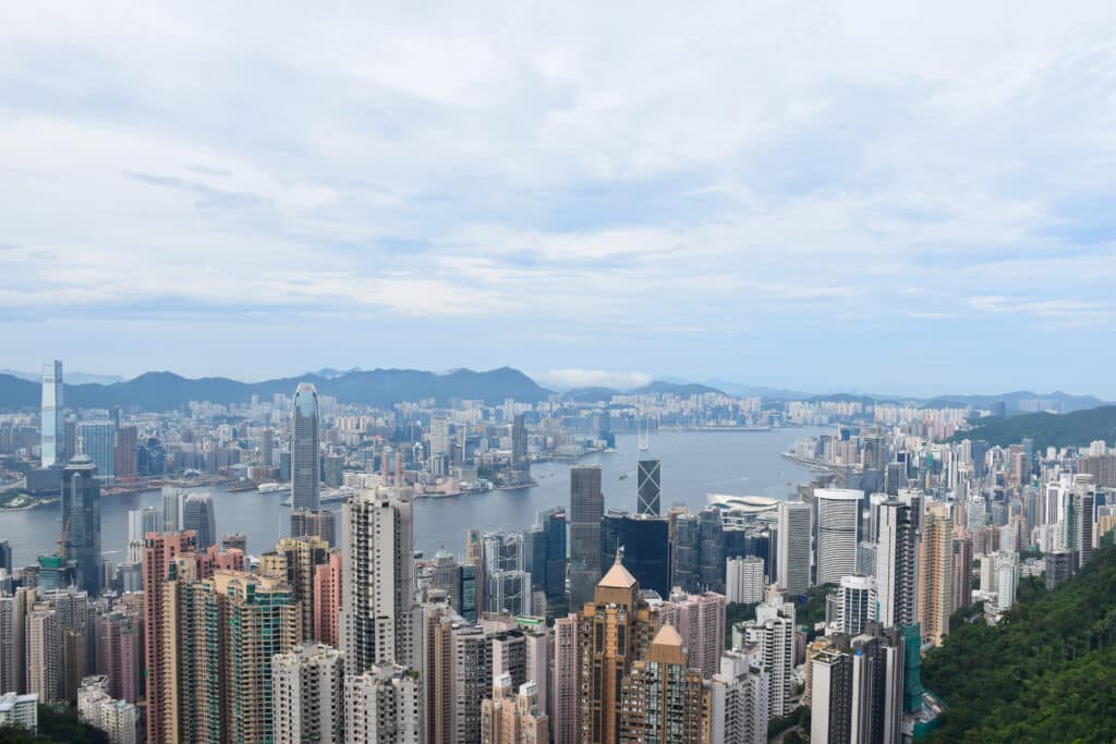 Looking over a cityscape full of skyscrapers from a hill. Water through the middle of them