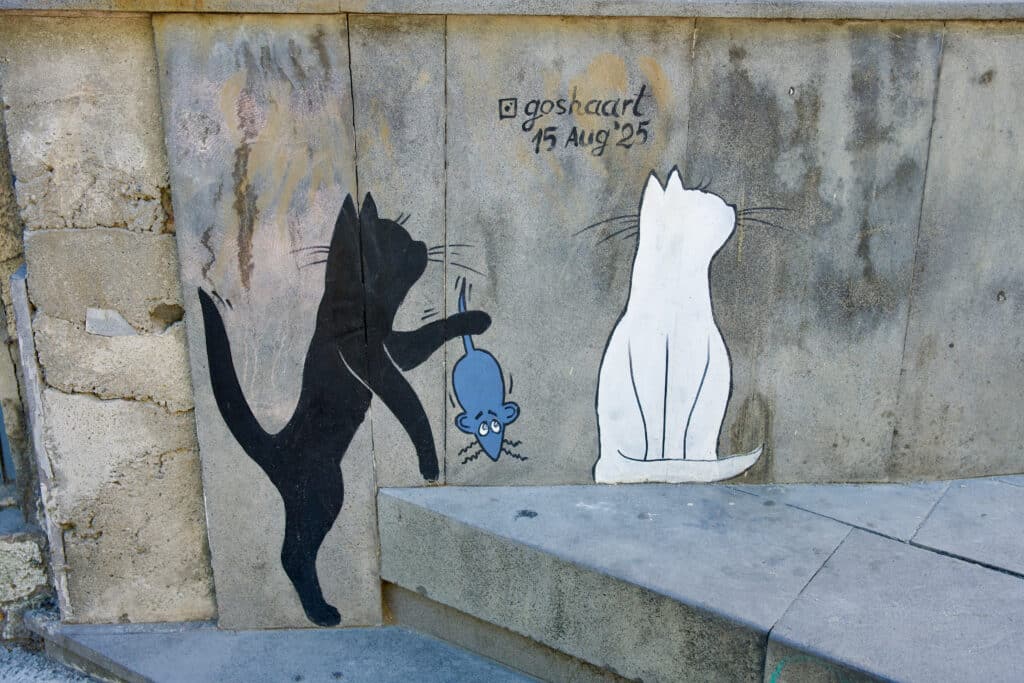 Mural street art of two cats. Black cat to left holding up a grey mouse to white cat