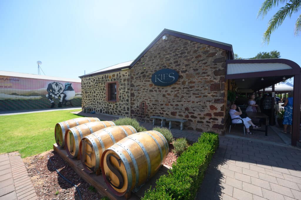 Barossa Valley Kies Family Wines stone cellar door with barrel sign