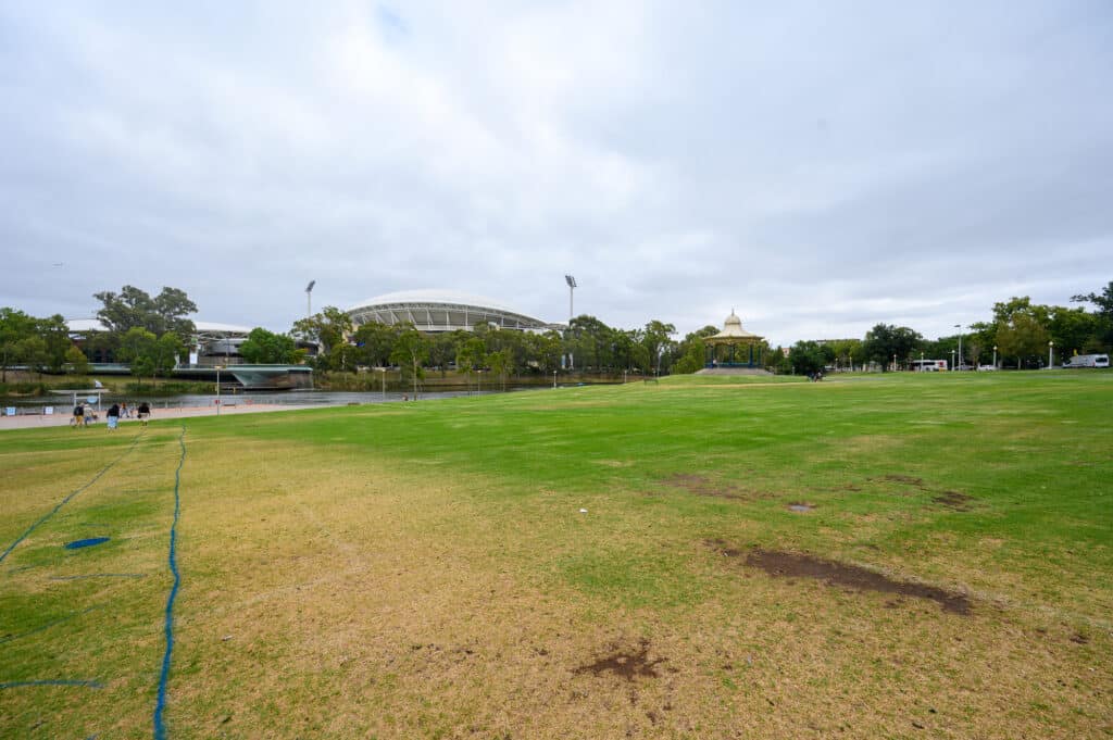 Adelaide Park Lands open green space with Adelaide Oval and bandstand