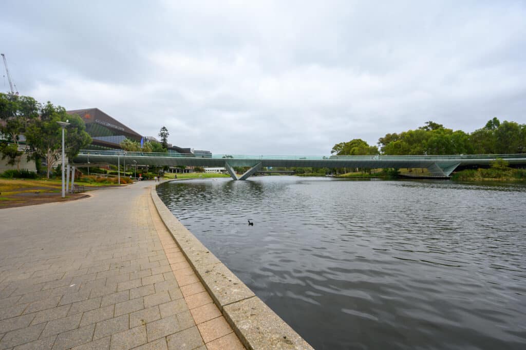 Adelaide Park Lands River Torrens path with footbridge