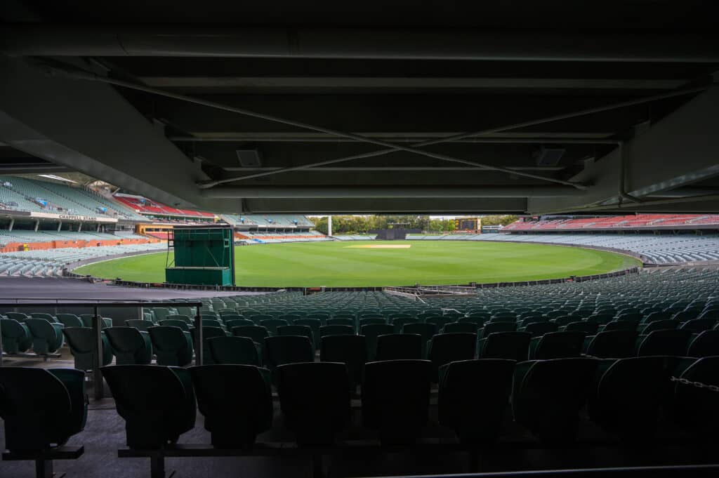Adelaide Oval Tour interior view of cricket pitch and Chappell Stand
