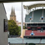 Adelaide Oval Tour Gavin Wanganeen Stand with St Peter’s Cathedral. City of churches