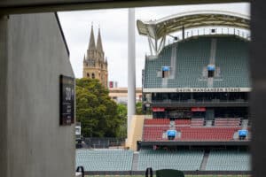 Adelaide Oval Tour Gavin Wanganeen Stand with St Peter’s Cathedral. City of churches