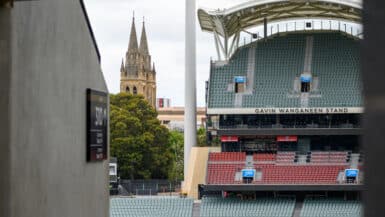 Adelaide Oval Tour Gavin Wanganeen Stand with St Peter’s Cathedral. City of churches