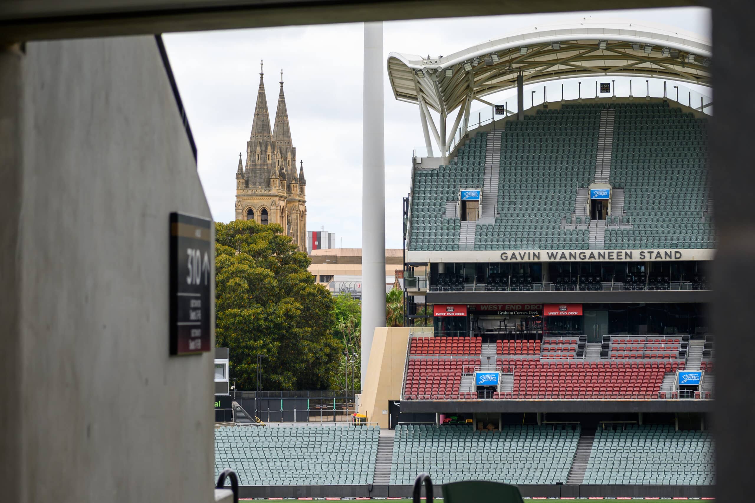 Adelaide Oval Tour Gavin Wanganeen Stand with St Peter’s Cathedral. City of churches