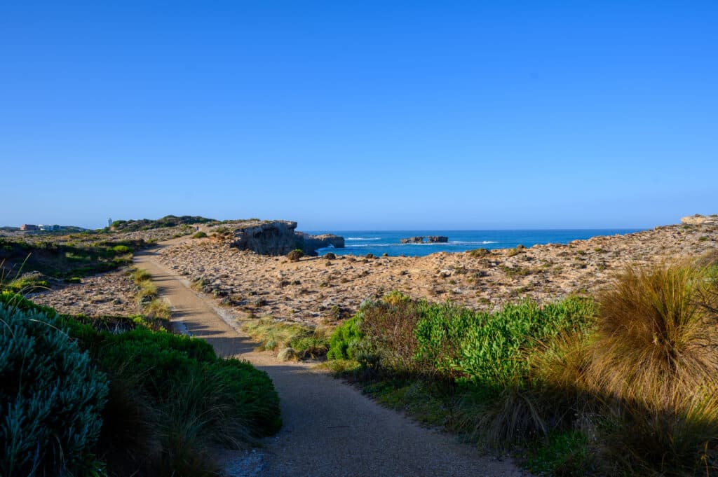 Gravel path leads through coastal scrub toward a rocky limestone shoreline and distant rock formations under bright blue sky.