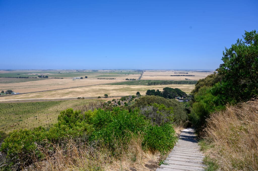 Wooden steps descend a grassy slope overlooking vast flat farmland and distant hills under a clear blue sky.