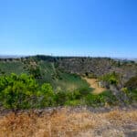 Looking down into the grassy crater of Mount Schank volcano, with dry grass and green shrubs on the rim under a clear blue sky.