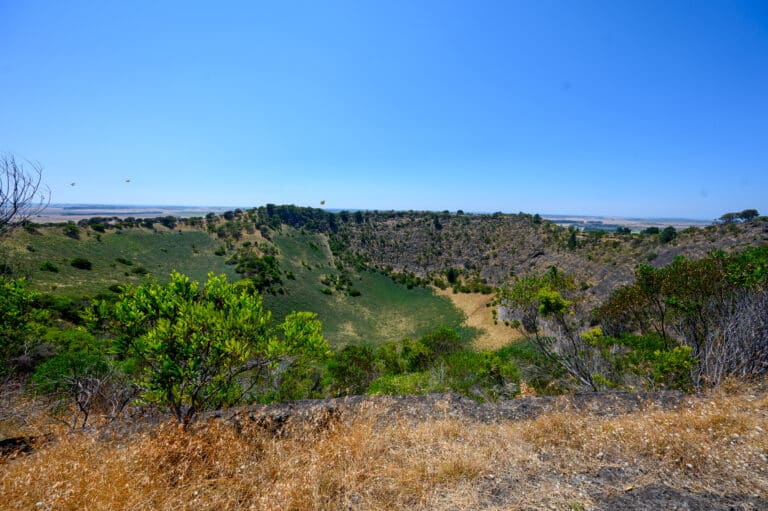 Looking down into the grassy crater of Mount Schank volcano, with dry grass and green shrubs on the rim under a clear blue sky.