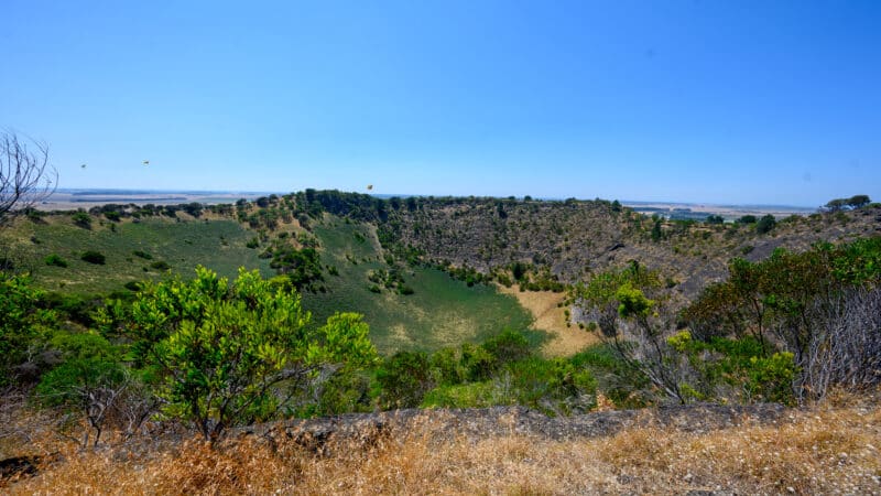 Looking down into the grassy crater of Mount Schank volcano, with dry grass and green shrubs on the rim under a clear blue sky.