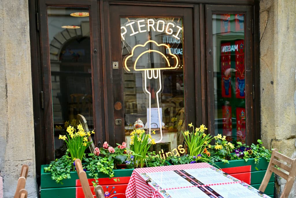 Restaurant window sign saying Pierogies