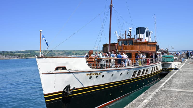 Old steamer paddle boat docked. The Waverley