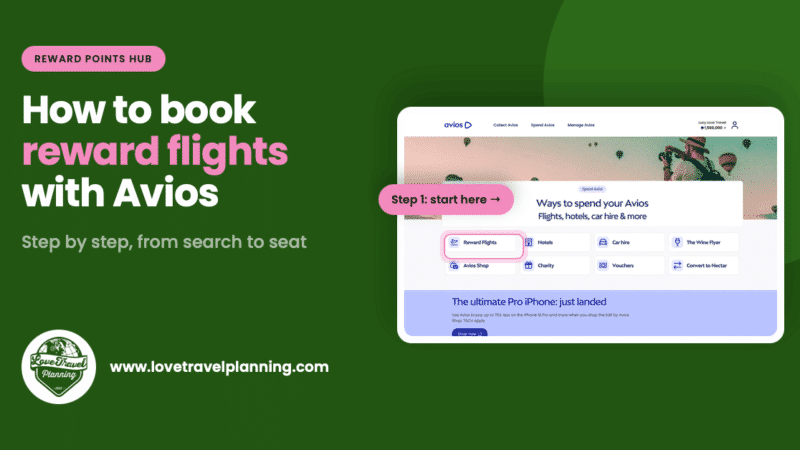 Love Travel Planning header graphic titled “How to book reward flights with Avios,” with a pink Reward Points Hub badge and a mock-up of the Avios Spend page highlighting Reward Flights as Step 1.