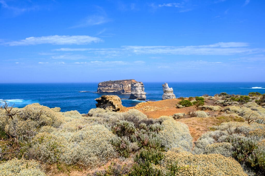 Limestone sea stacks rise beyond silvery coastal scrub at the Bay of Islands on Victoria’s Great Ocean Road.