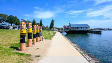 Painted swimmer bollards line Geelong’s waterfront path beside the Geelong Boat House and the blue water of Corio Bay.