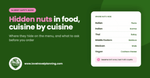 Dark green Love Travel Planning header titled “Hidden nuts in food, cuisine by cuisine,” with a pink Allergy Safety Guide badge, the subtitle “Where they hide on the menu, and what to ask before you order,” and a white card listing pesto, korma, satay, baklava, mole and cashew cheese as common hiding places, plus a note that sesame is not a nut but still counts.