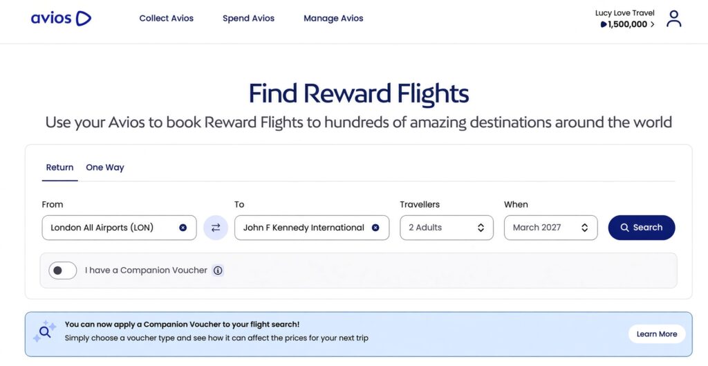 Avios “Find Reward Flights” search form set to a London All Airports to JFK return for two adults in March 2027, with the Companion Voucher toggle switched off.