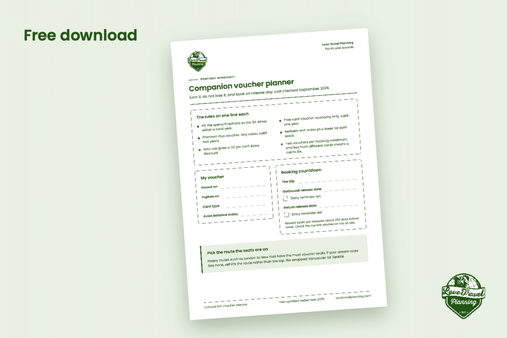 Preview of the Companion voucher planner with BA Amex rules, voucher details, booking countdown checkboxes and a note on choosing routes with available reward seats.