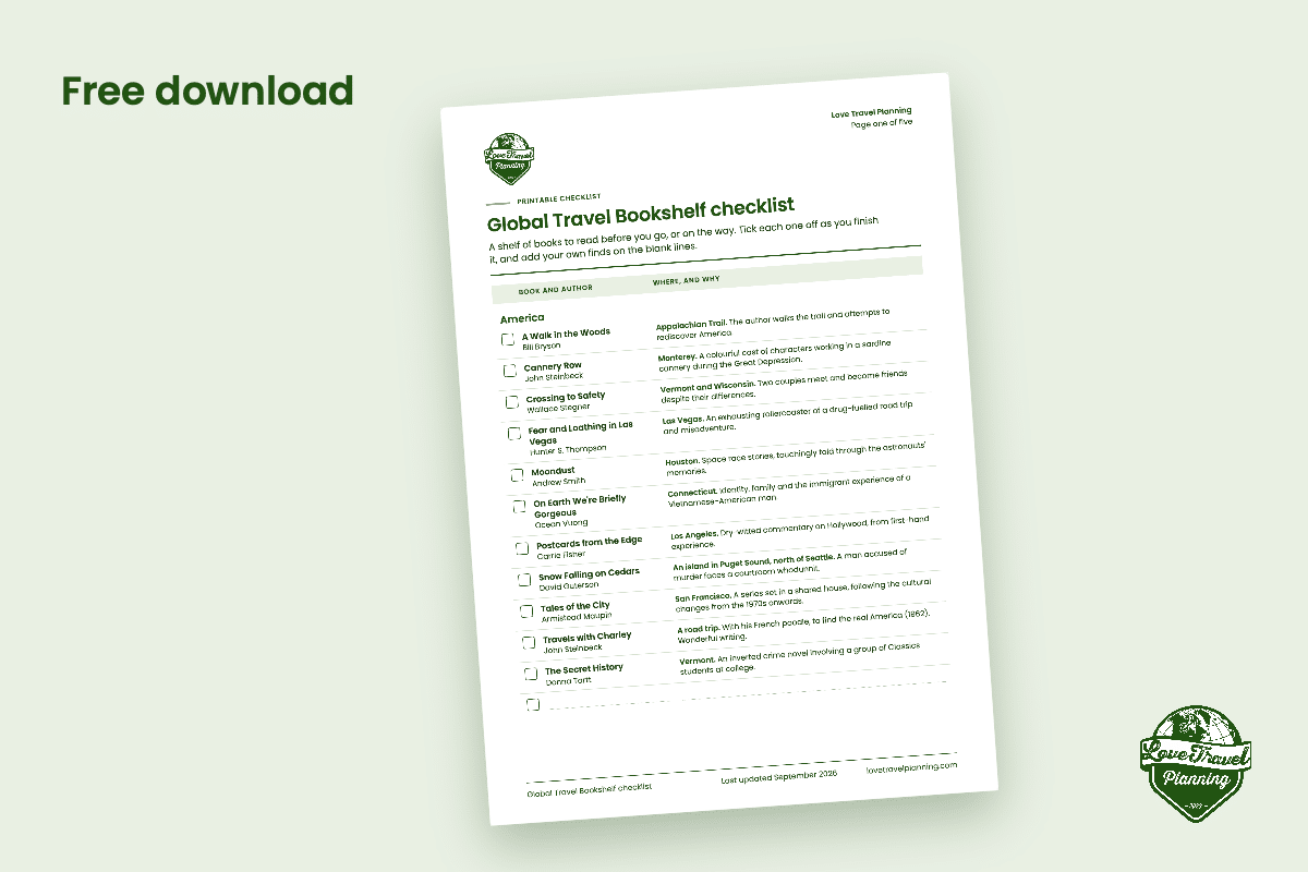 Preview of page one of the Love Travel Planning Global Travel Bookshelf checklist, an America section with tick boxes, book titles and authors, plus a “where, and why” column explaining each recommendation, and a blank line for your own finds.