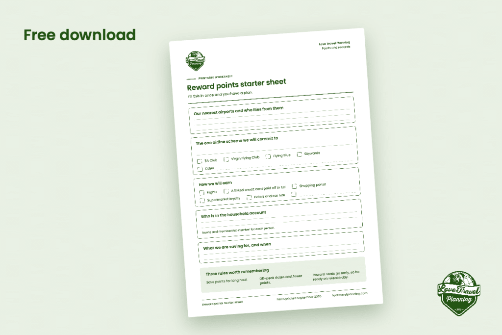 Preview of the Reward points starter sheet with sections for nearest airports, chosen airline scheme, how you will earn, household members and what you are saving for.