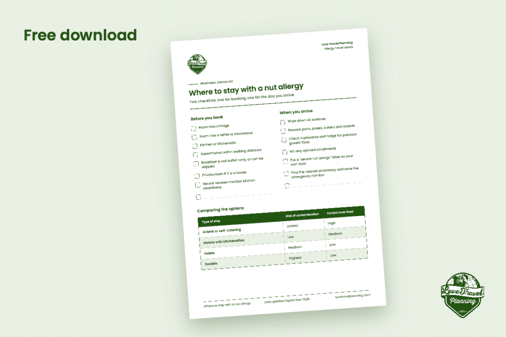 Preview of the Where to stay with a nut allergy checklist with before-you-book and when-you-arrive lists, plus a comparison table of Airbnb, kitchenette hotels, hotels and hostels.