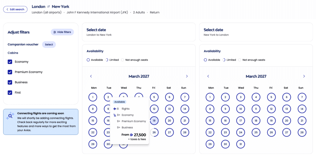 Side-by-side March 2027 calendars on the Avios site for London–New York and New York–London, with 19 March highlighted as available from 27,500 Avios, including Economy, Premium Economy and Business.