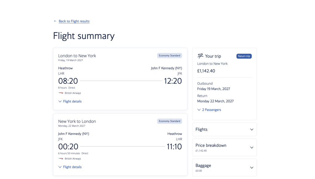 British Airways flight summary for a London–New York return in Economy Standard: outbound 08:20 Heathrow to JFK on 19 March 2027 and inbound 00:20 JFK to Heathrow on 22 March, cash total £1,142.40 for two passengers.