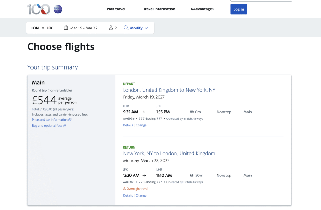 American Airlines choose-flights page for LON–JFK, 19–22 March 2027, two passengers: Main cabin cash fare £544 average per person, total £1,086.40, on British Airways-operated AA6936 outbound and AA6941 return.