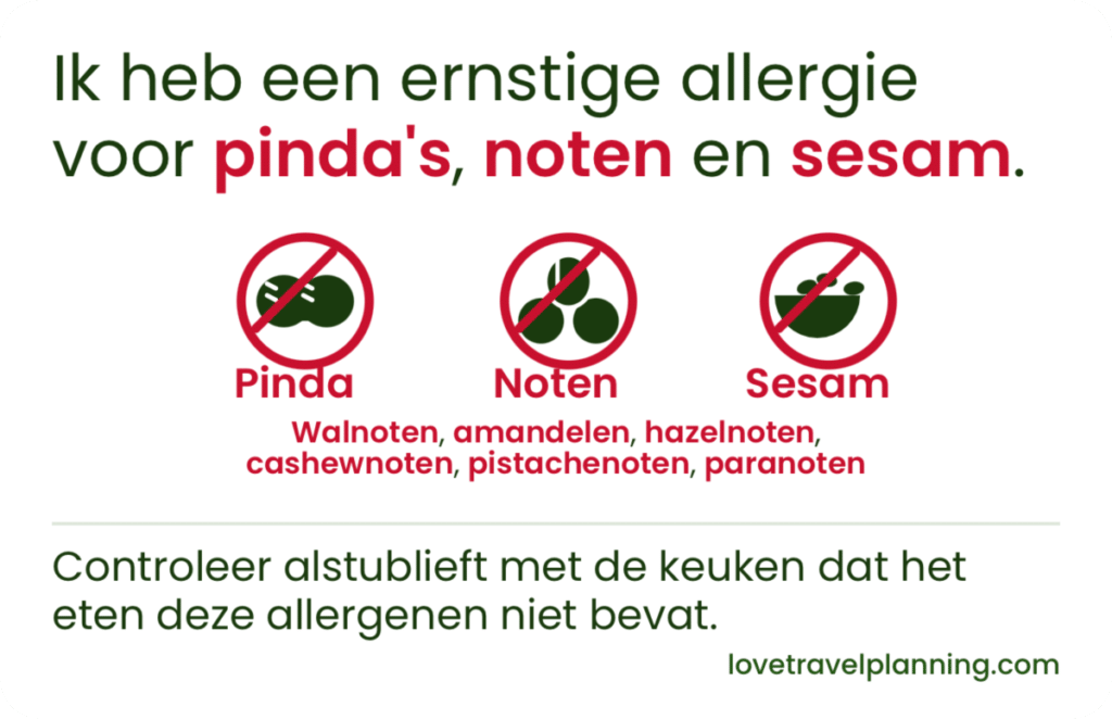 Dutch nut allergy card stating a severe allergy to peanuts (pinda’s), tree nuts (noten) and sesame (sesam), with three crossed-out icons and a kitchen confirmation request.