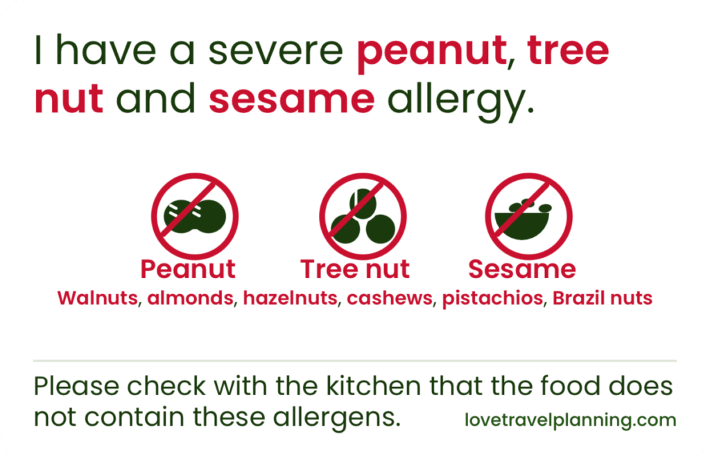 English nut allergy card for Singapore stating a severe peanut, tree nut and sesame allergy, with three crossed-out icons, a list of common tree nuts, and a request to check with the kitchen.