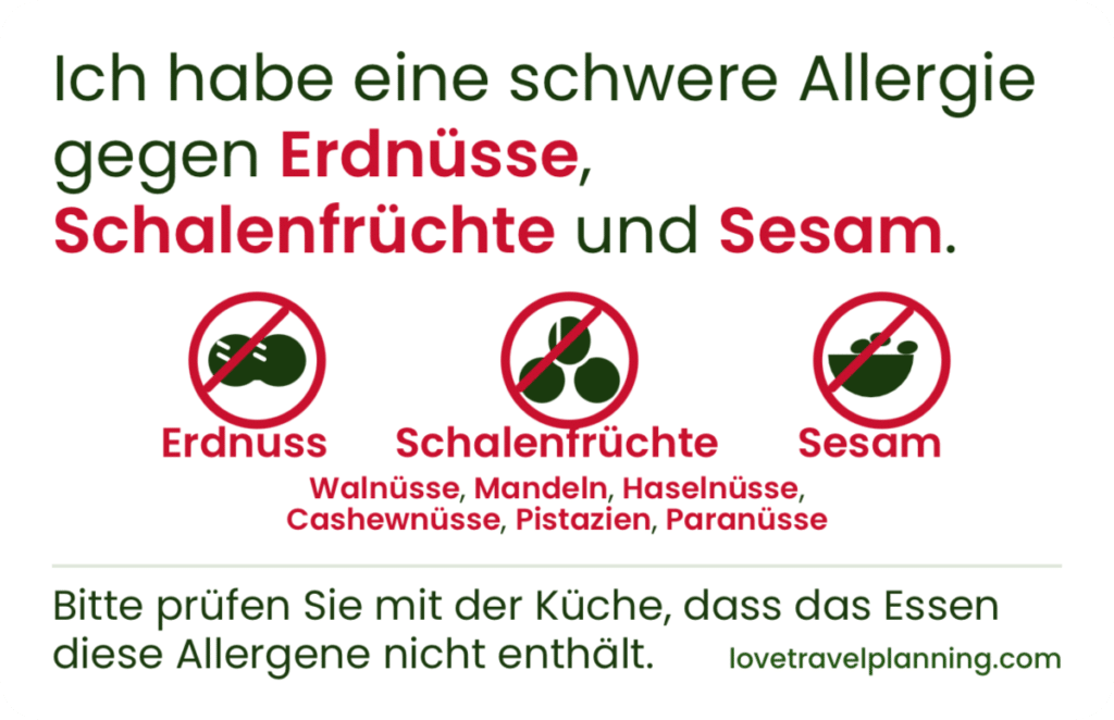 German nut allergy card stating a severe allergy to peanuts (Erdnüsse), tree nuts (Schalenfrüchte) and sesame (Sesam), with three crossed-out icons and a request to check with the kitchen.