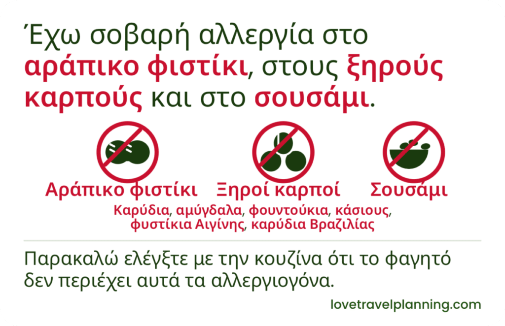 Greek nut allergy card stating a severe allergy to peanuts, tree nuts and sesame, with three crossed-out icons, a list of common tree nuts in Greek, and a request to check with the kitchen.