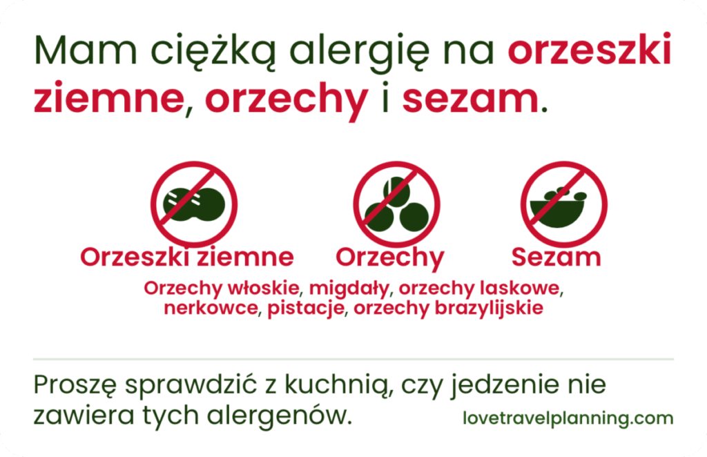 Polish nut allergy card stating a severe allergy to peanuts (orzeszki ziemne), tree nuts (orzechy) and sesame (sezam), with three crossed-out icons and a request to check with the kitchen.