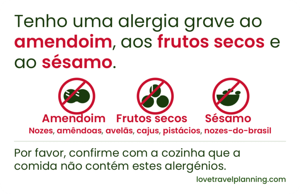 Portuguese nut allergy card stating a severe allergy to peanuts (amendoim), tree nuts (frutos secos) and sesame (sésamo), with three crossed-out icons and a kitchen confirmation request.