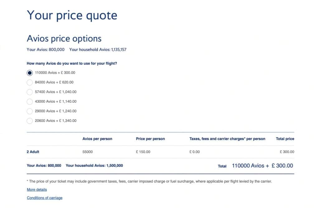 Avios price-quote page offering six mix-and-cash options, with 110,000 Avios plus £300 selected for two adults, shown as 55,000 Avios and £150 per person.