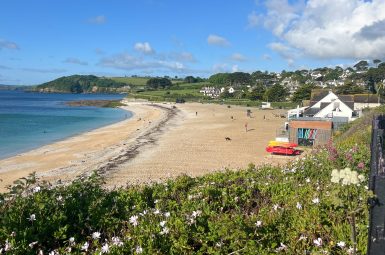 A crescent of golden sandy beach sits in the middle of the frame. There is green grass below and a green headland above the beach. Blue water to the left. Blue sky above. Buildings on the beach.