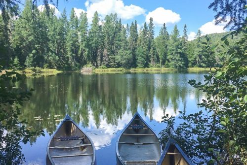 View through the trees to a still lake with fir trees on the opposite right. Blue sky with white fluffy clouds. The sky is mirrored in the flat waters of the lake. Three canoes are lined up on the front bank of the lake.